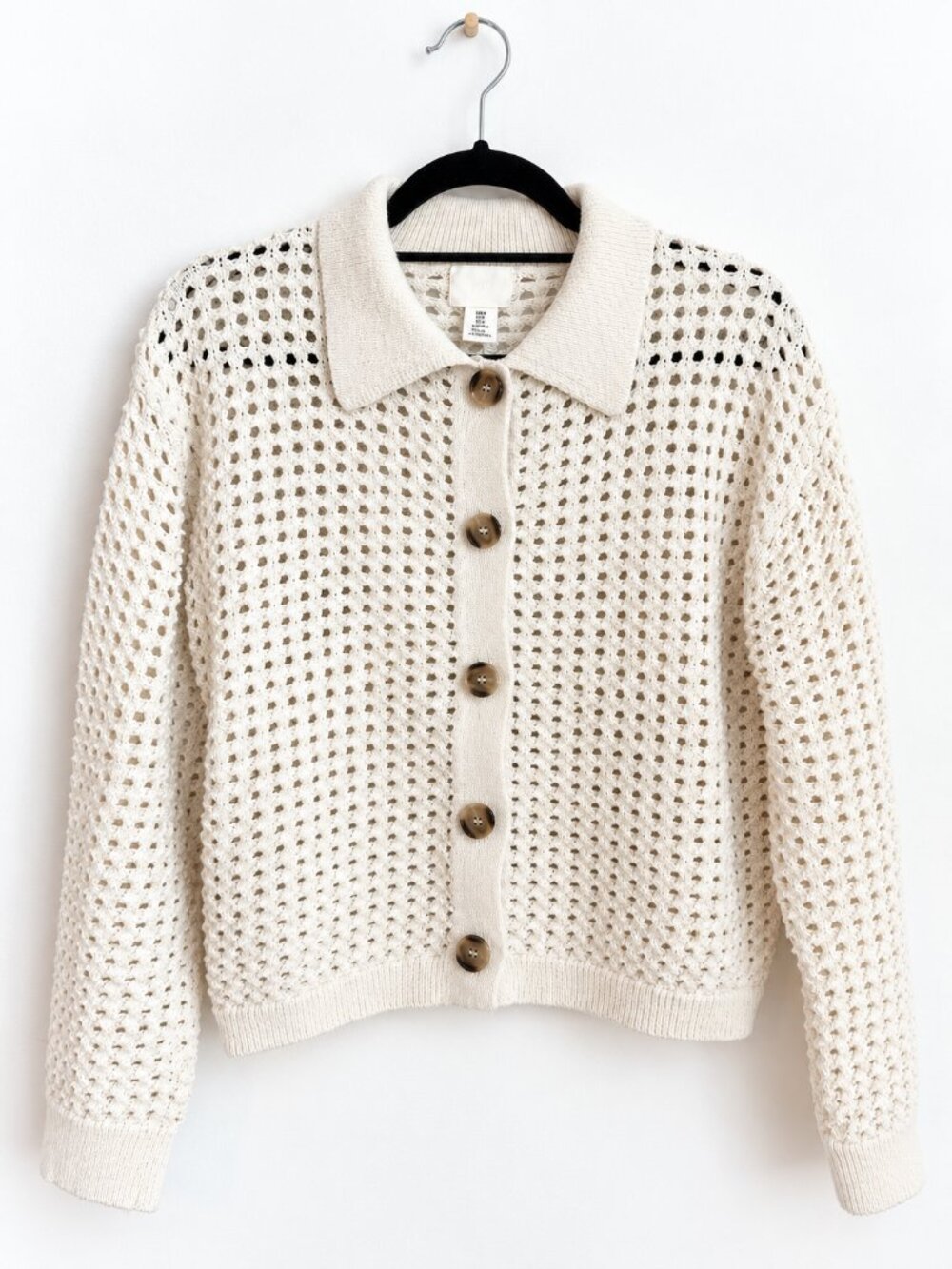 H&M Ivory Crochet Open Knit Collared Cardigan Sweater M